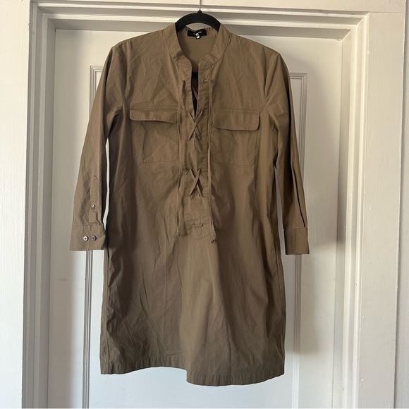 Theory Dress Womens  2 Green Jullitan poplin 3/4 Sleeve Lace-Up Mini Shift - Picture 6 of 8